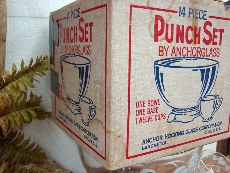 Vintage Anchor Hocking Clear Punch Bowl White Grape Leaf Gold Trim 14 Pieces, Moose-R-Us.Com Log Cabin Decor