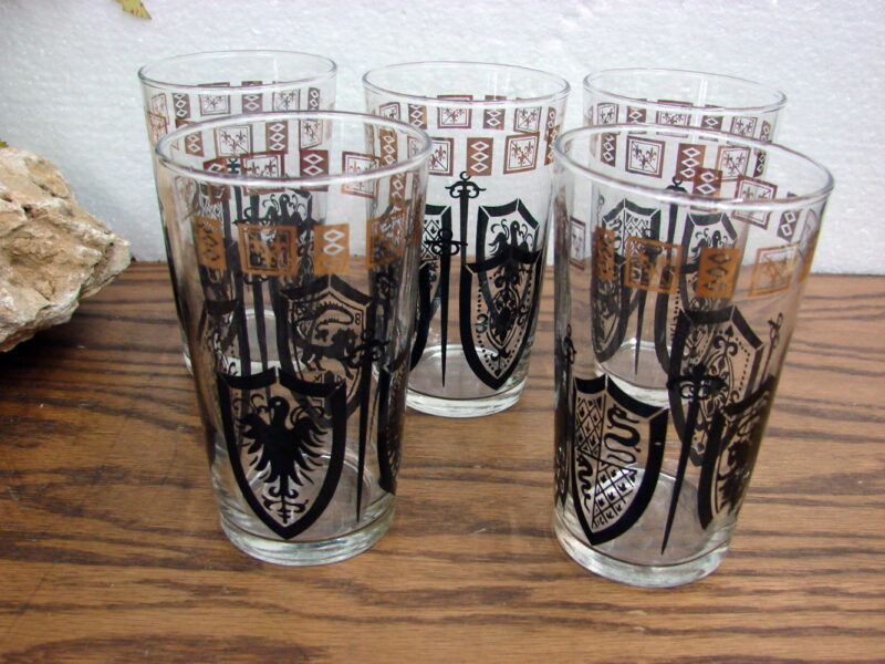 Vintage MCM Gold Black Shield Eagle Lion Cross Snake Highball Glasses Set/5, Moose-R-Us.Com Log Cabin Decor