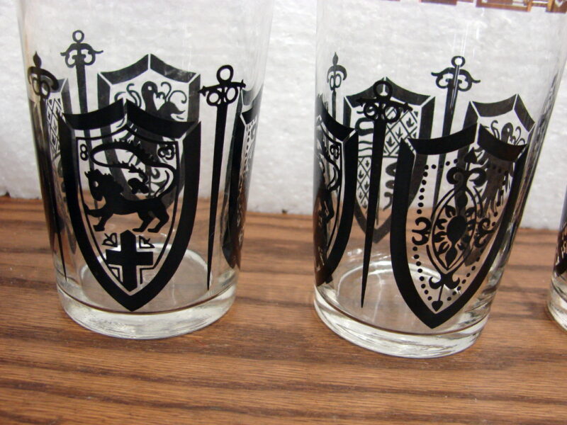 Vintage MCM Gold Black Shield Eagle Lion Cross Snake Highball Glasses Set/5, Moose-R-Us.Com Log Cabin Decor