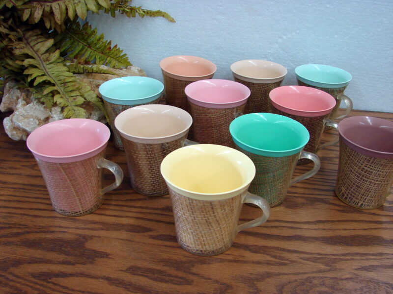 Vintage MCM Insulated Burlap Raffia Ware Cups Mugs Set/11 Multi Color Boho, Moose-R-Us.Com Antiques Collectibles Log Cabin Decor
