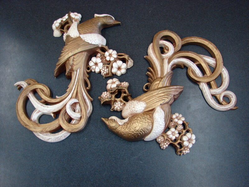 Vintage 1982 Burwood Products 3-D Pheasant Bird Tail Dogwood Flowers Pair, Moose-R-Us.Com Log Cabin Decor