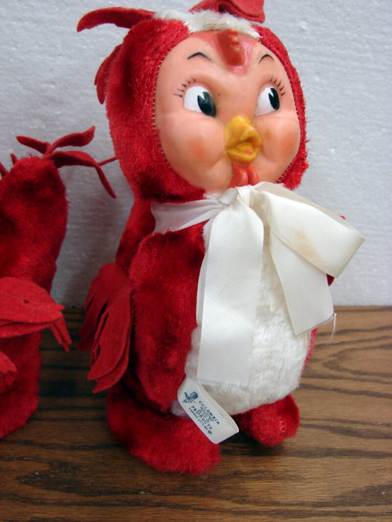Vintage MCM Columbia Rubber Face Plush Rooster Chicken Plush Toy Pair, Moose-R-Us.Com Log Cabin Decor