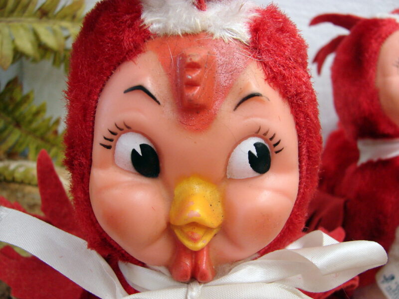 Vintage MCM Columbia Rubber Face Plush Rooster Chicken Plush Toy Pair, Moose-R-Us.Com Log Cabin Decor