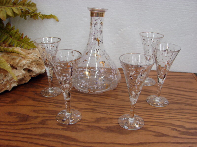 Vintage MCM 22kt Confetti Wine Glasses Ewer Gold White Purple Fleck Set Barware, Moose-R-Us.Com Antiques Collectibles Log Cabin Decor