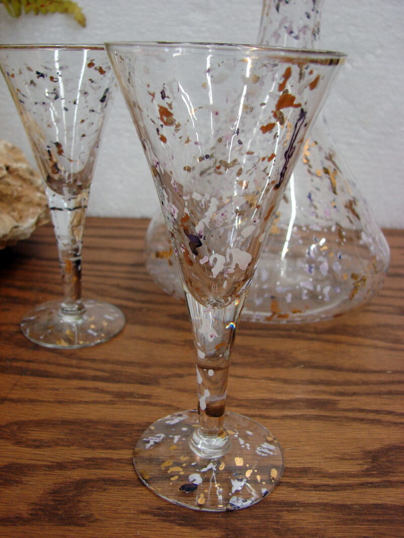 Vintage MCM 22kt Confetti Wine Glasses Ewer Gold White Purple Fleck Set Barware, Moose-R-Us.Com Antiques Collectibles Log Cabin Decor