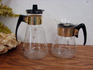 Set/2 Vintage Corning Gold Trim MCM Carafe Decanter Pitcher Atomic Star 4 and 6 Cups