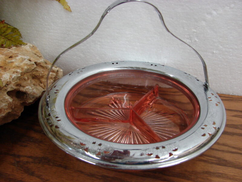 Vintage Pink Depression Glass Divided Serving Basket w/ Chrome Handle, Moose-R-Us.Com Log Cabin Decor