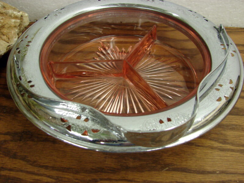 Vintage Pink Depression Glass Divided Serving Basket w/ Chrome Handle, Moose-R-Us.Com Log Cabin Decor