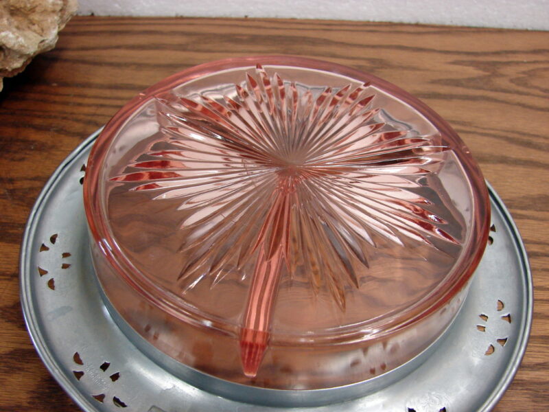 Vintage Pink Depression Glass Divided Serving Basket w/ Chrome Handle, Moose-R-Us.Com Log Cabin Decor