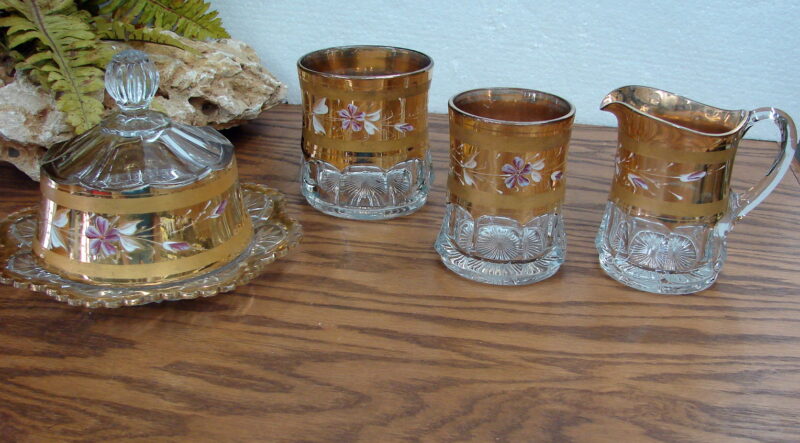 Vintage MCM 24kt Gold Pink White Flower Sugar Creamer Spooner Butter w/ Lid Set, Moose-R-Us.Com Log Cabin Decor