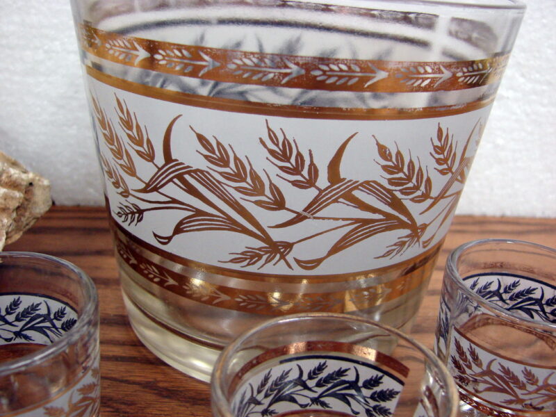 Vintage MCM Gold White Wheat Stalks Ice Bucket Shot Glass Barware Set/7, Moose-R-Us.Com Log Cabin Decor