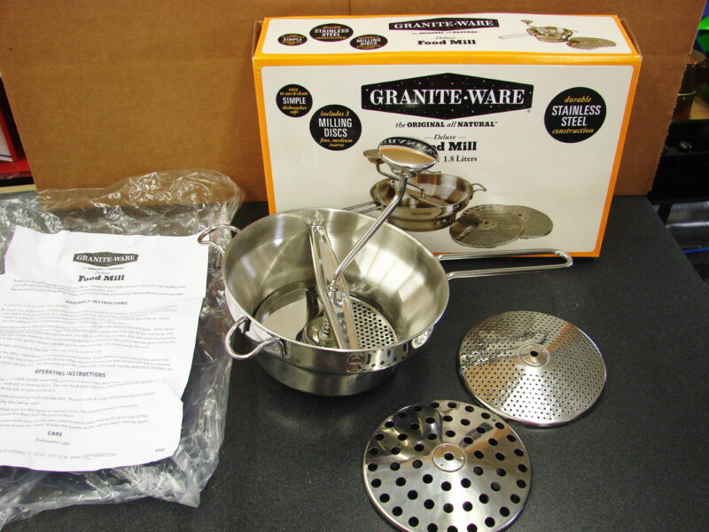 Stainless Steel Granite-Ware 2 Quart Deluxe Food Mill w/Three Milling Discs New, Moose-R-Us.Com Log Cabin Decor