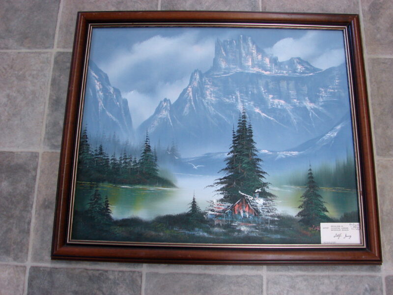 Jung Original Painting Framed Artwork Mountains Lake Cottage, Moose-R-Us.Com Log Cabin Decor