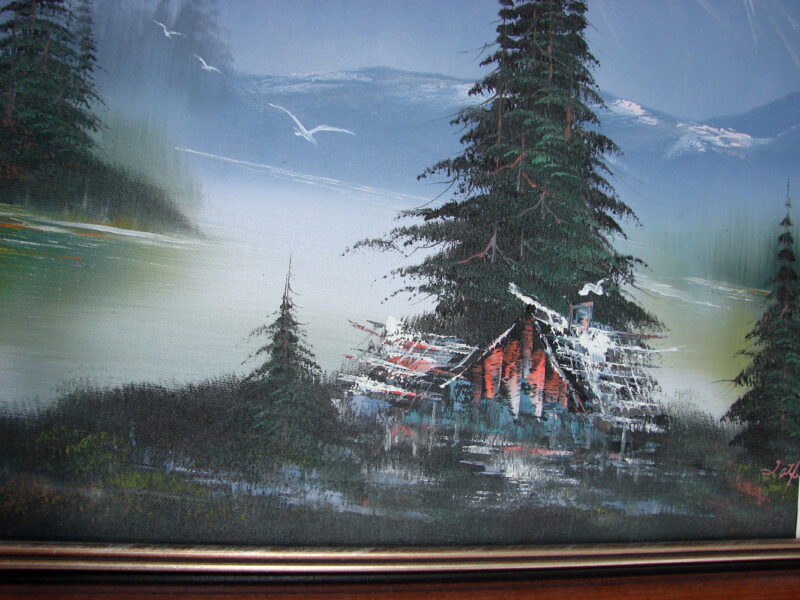 Jung Original Painting Framed Artwork Mountains Lake Cottage, Moose-R-Us.Com Log Cabin Decor