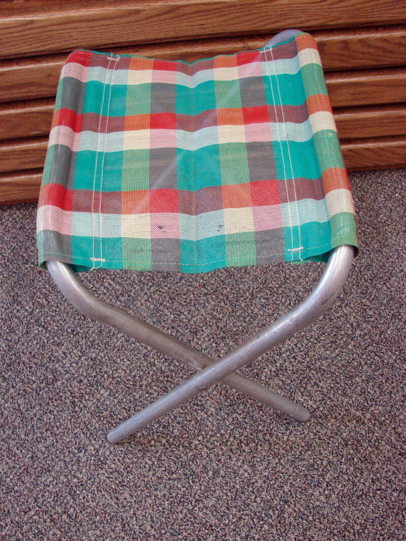 Vintage Fold-up Plaid Mesh Camp Stool Retro Camping Folding Chair, Moose-R-Us.Com Log Cabin Decor