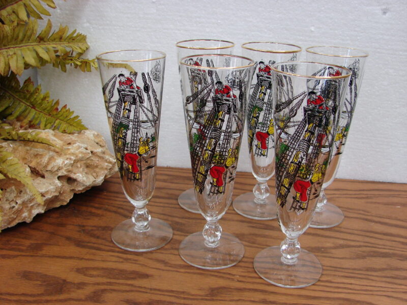 Vintage Libbey Treasure Island Pirate Pilsner Glasses Set/6 Gold Trim, Moose-R-Us.Com Log Cabin Decor