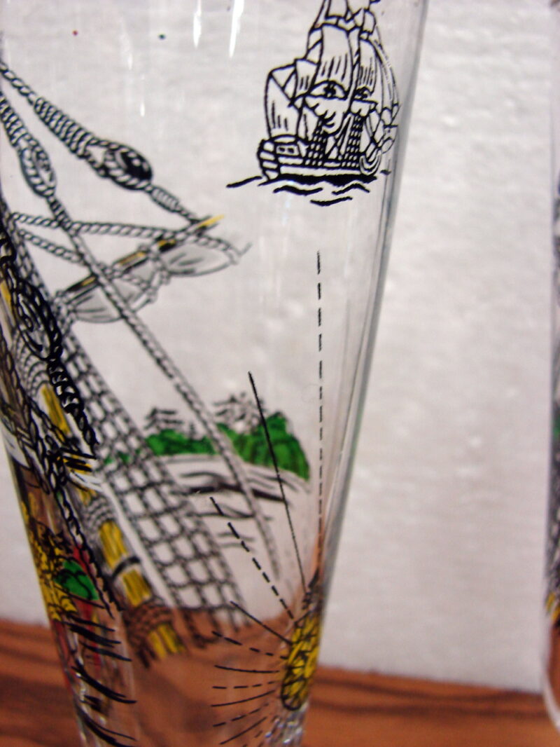 Vintage Libbey Treasure Island Pirate Pilsner Glasses Set/6 Gold Trim, Moose-R-Us.Com Log Cabin Decor