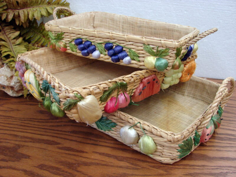 Vintage PYREX Straw Raffia Fruit Themed Woven Lined Serving Basket, Moose-R-Us.Com Antiques Collectibles Log Cabin Decor