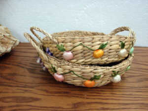 Set/2 Round Boho Vintage Raffia Woven Straw Fruit Casserole Dish Cover 7-8"