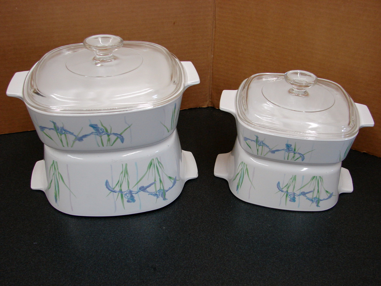 Set/4 Vintage Corning Ware Corelle Shadow Iris Casserole w/ PYREX Lid Set 1-3 Liter