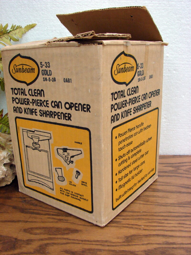 Vintage Sunbeam Total Clean Power Pierce Can Opener &#038; Knife Sharpener Box, Moose-R-Us.Com Log Cabin Decor