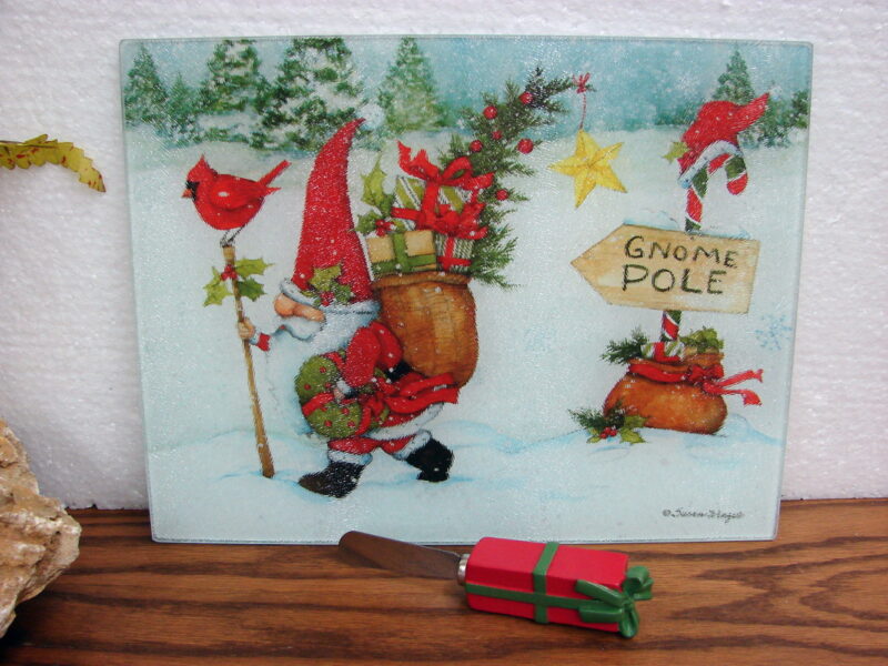 Susan Winget Christmas Gnome Glass Cutting Board and Spreader, Moose-R-Us.Com Antiques Collectibles Log Cabin Decor