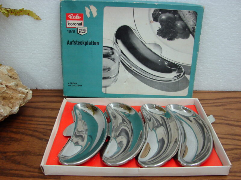 Vintage MCM Fissler Coronal Stainless Steel Clip on Plates Store Bones Dips Sauces etc, Moose-R-Us.Com Log Cabin Decor