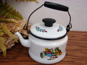 Vintage Swedish Berggren Folk Art Enamelware Fruit Basket Tea Pot