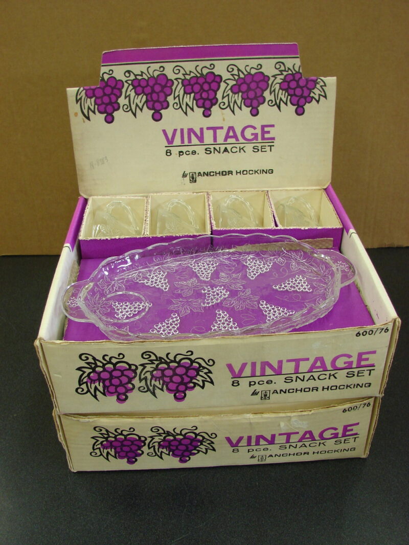 Vintage Retro Anchor Hocking Clear Embossed Grape Snack Set New in Box, Moose-R-Us.Com Log Cabin Decor