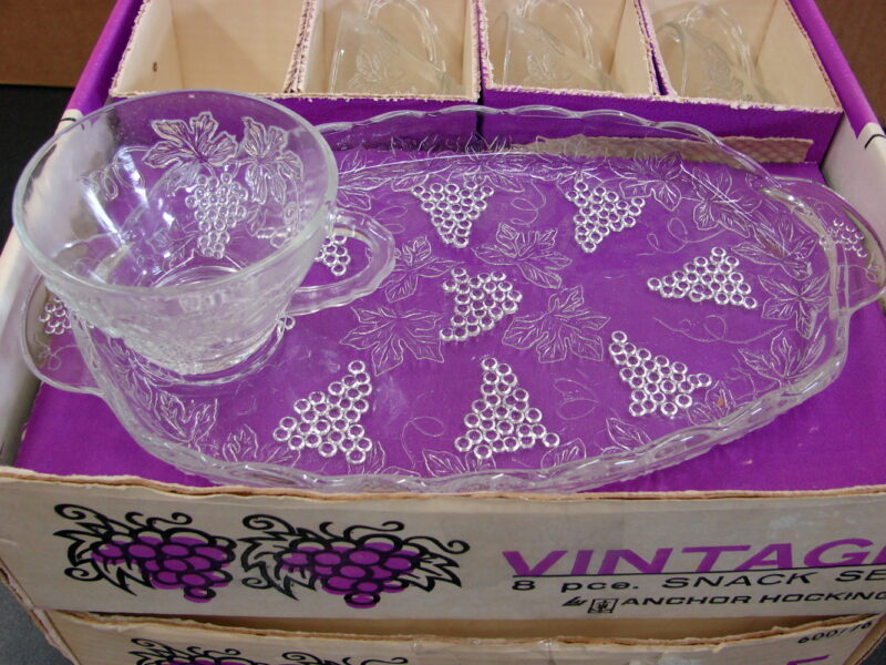 Vintage Retro Anchor Hocking Clear Embossed Grape Snack Set New in Box, Moose-R-Us.Com Log Cabin Decor