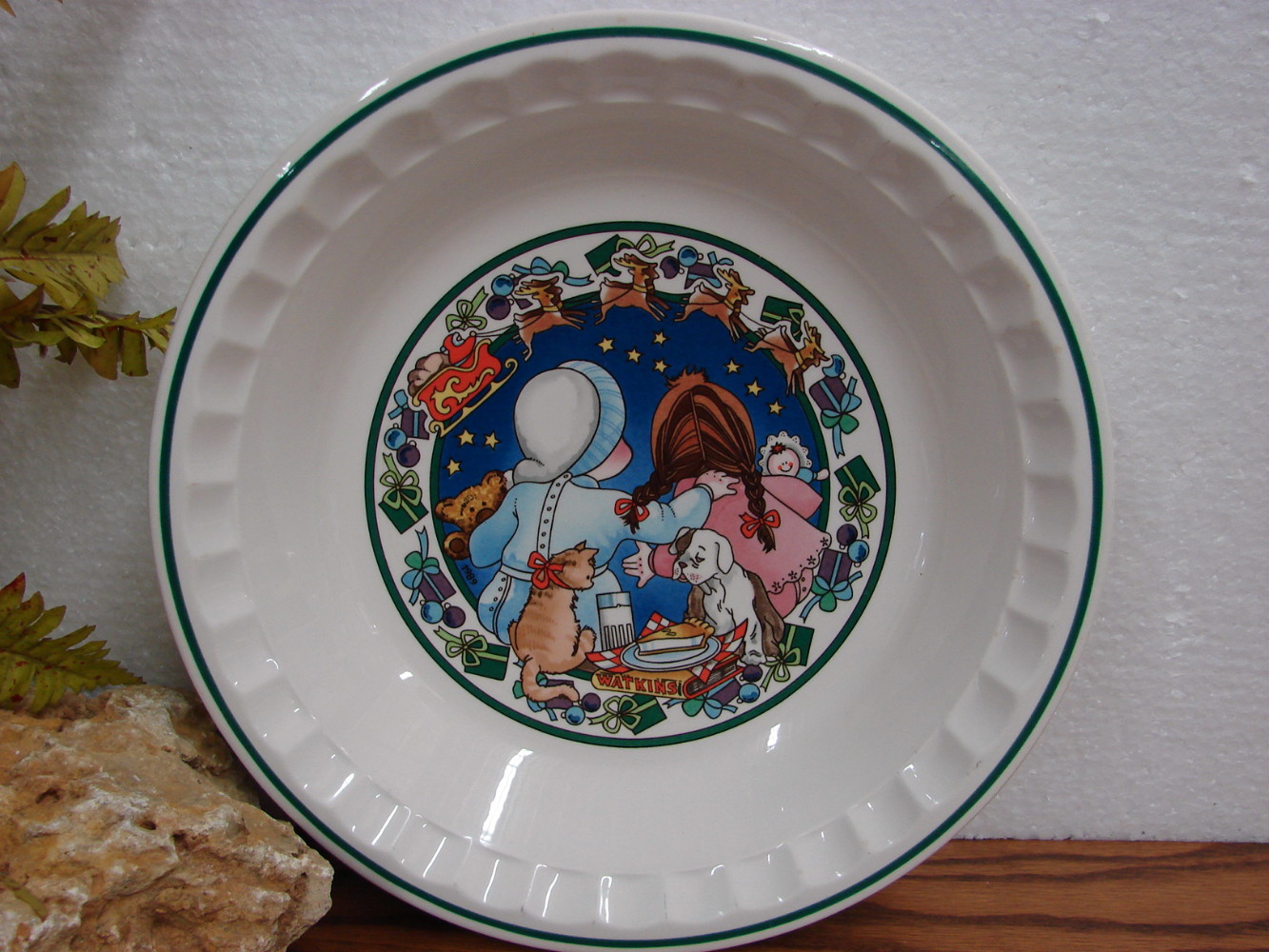 Vintage Watkins Recipe Pie Plate Deep Dish Country Kids Holiday Turkey & Stuffing Pie #6281