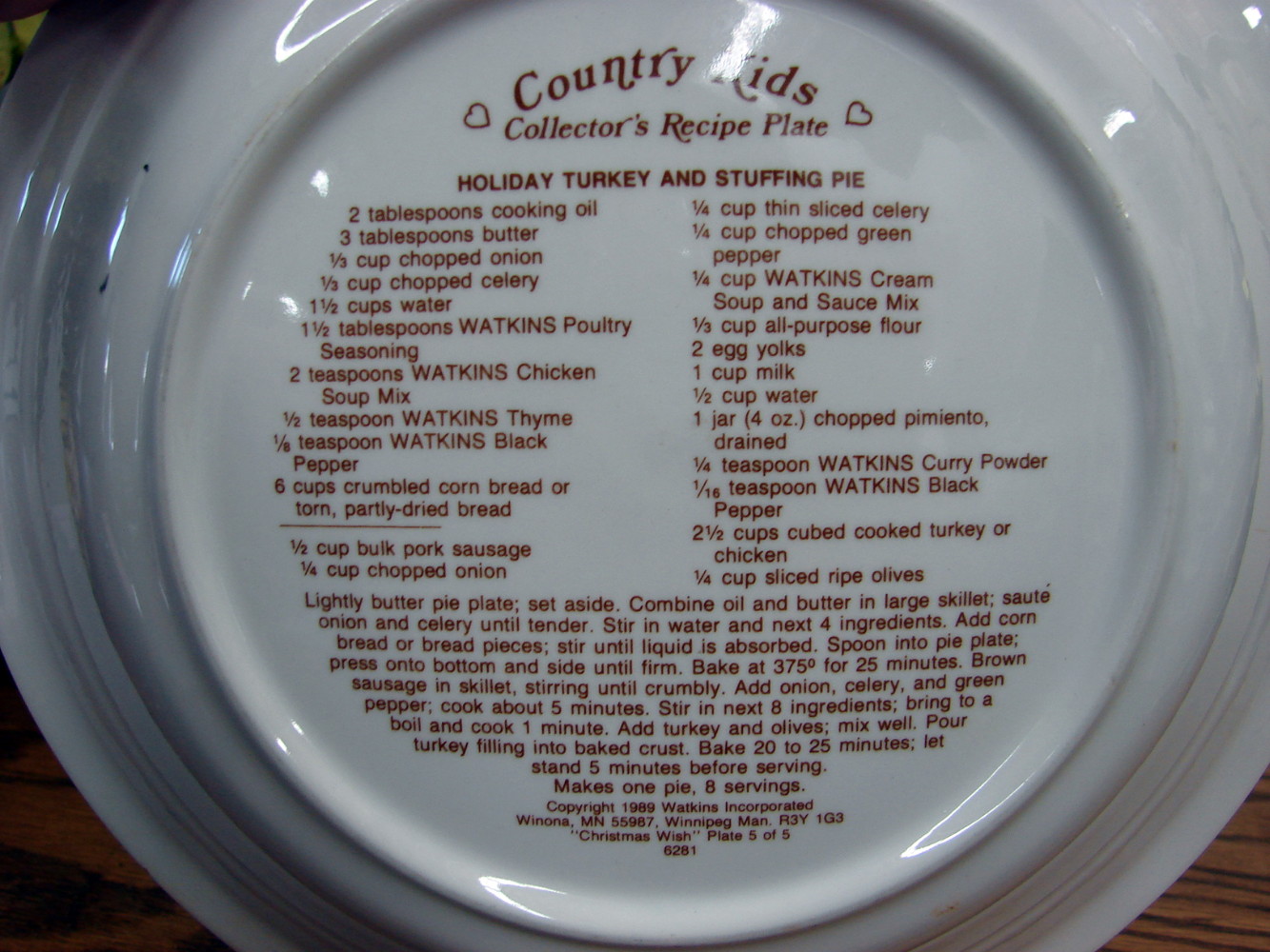 Vintage Watkins Recipe Pie Plate Deep Dish Country Kids Holiday Turkey & Stuffing Pie #6281 - Image 2