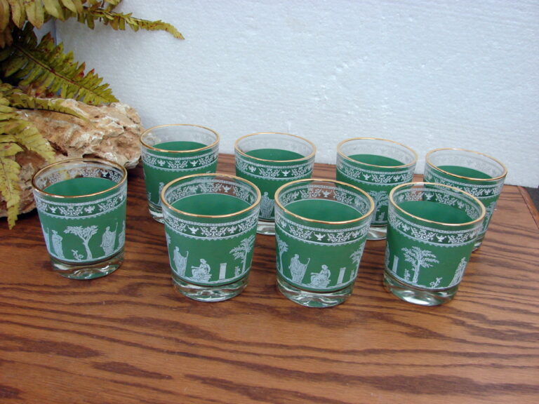 Vintage Jeanette Hellenic Green Gold Wedgewood Old Fashion Glasses Set/8