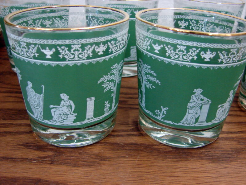 Vintage Jeanette Hellenic Green Gold Wedgewood Old Fashion Glasses Set/8, Moose-R-Us.Com Log Cabin Decor