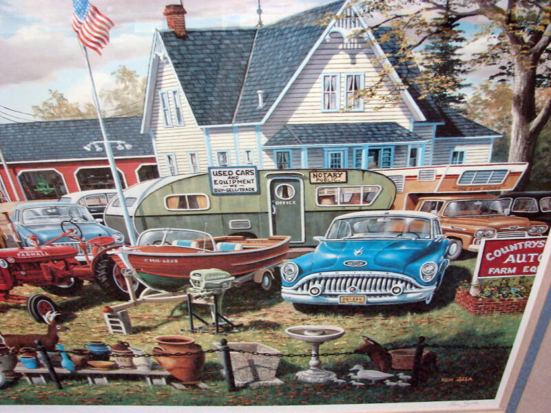 Ken Zylla Framed Matted Artwork Bumper Crop Sale Barn Cars 454/2800 Signed Numbered, Moose-R-Us.Com Log Cabin Decor