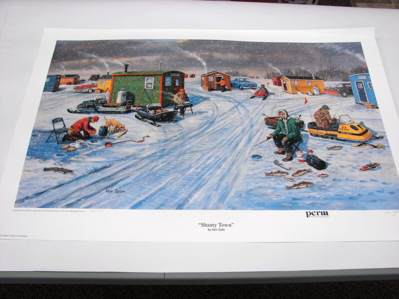 Ken Zylla Artwork Shanty Town Ice Fishing Lake Snowmobiles Conservation Edition, Moose-R-Us.Com Log Cabin Decor