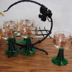 Vintage MCM Forest Green Gold Luminarc France Cordial Goblet Set Caddy