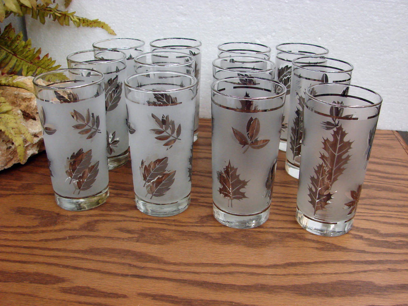 Set/6 Flat Tumbler w/ Silver Rim 12 oz MCM Vintage Libbey Silver Leaf Frosted Barware Foliage - Image 2