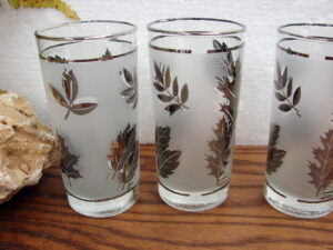 Set/6 Flat Tumbler w/ Silver Rim 12 oz MCM Vintage Libbey Silver Leaf Frosted Barware Foliage