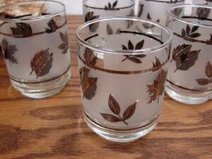 Set/8 Flat Tumbler 3" MCM Vintage Libbey Silver Leaf Frosted Barware Foliage