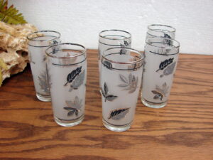 Set/6 Flat Tumbler w/ Silver Rim 4" MCM Vintage Libbey Silver Leaf Frosted Barware Foliage