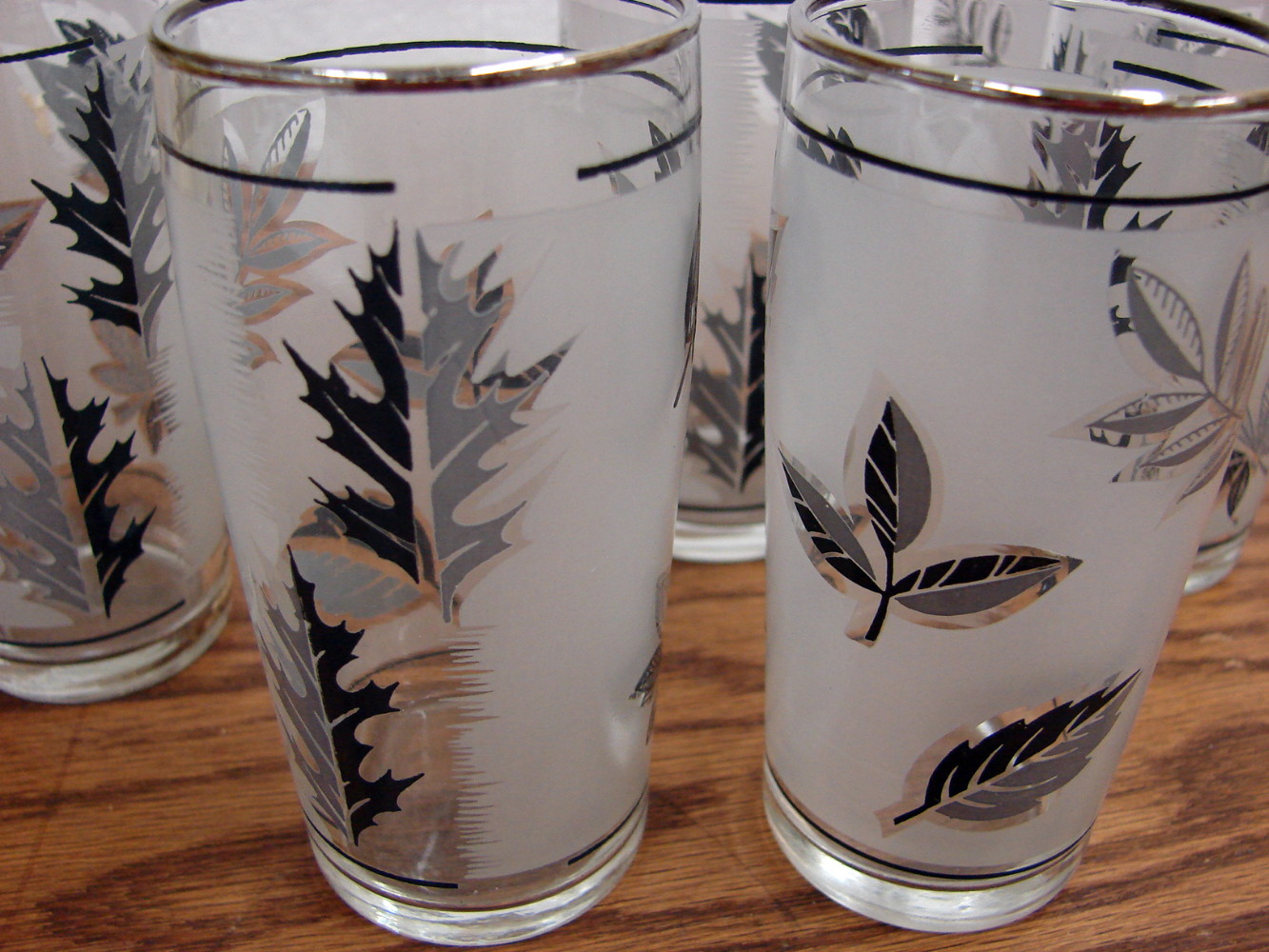 Set/6 Flat Tumbler w/ Silver Rim 4" MCM Vintage Libbey Silver Leaf Frosted Barware Foliage - Image 2