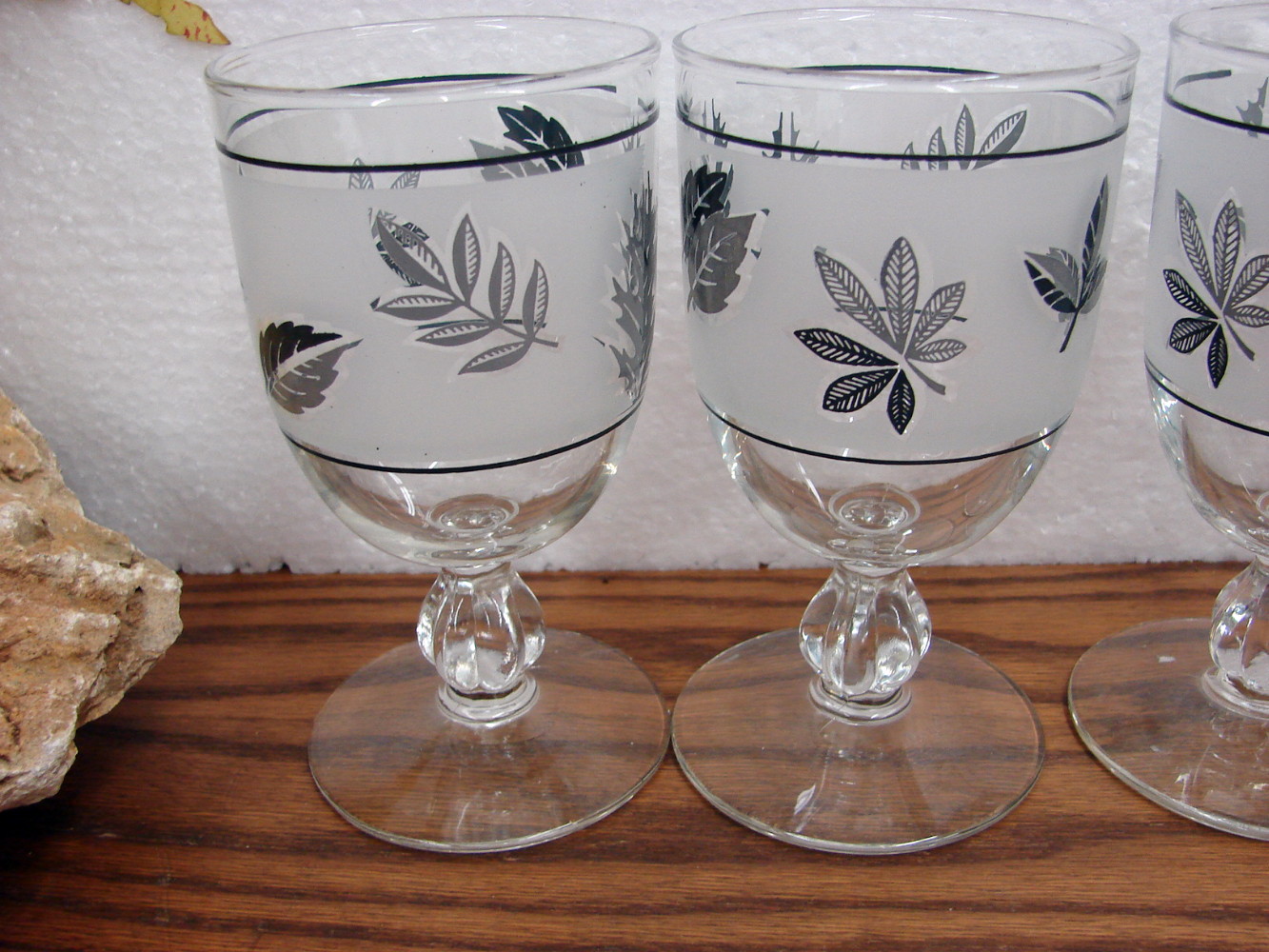 Set/6 Water Goblet MCM Vintage Libbey Silver Leaf Frosted Barware Foliage