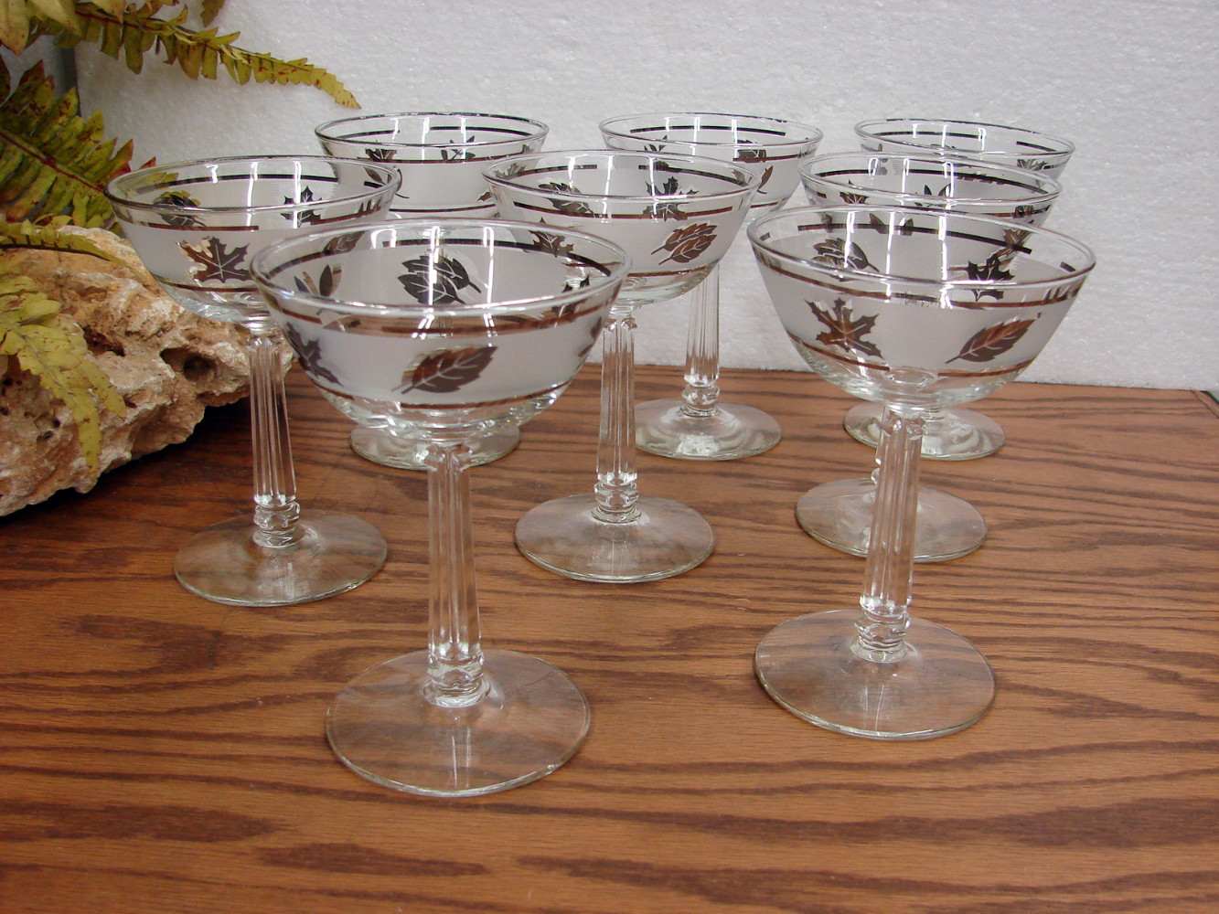 Set/9 Tall Sherbert Champaign MCM Vintage Libbey Silver Leaf Frosted Barware Foliage - Image 2