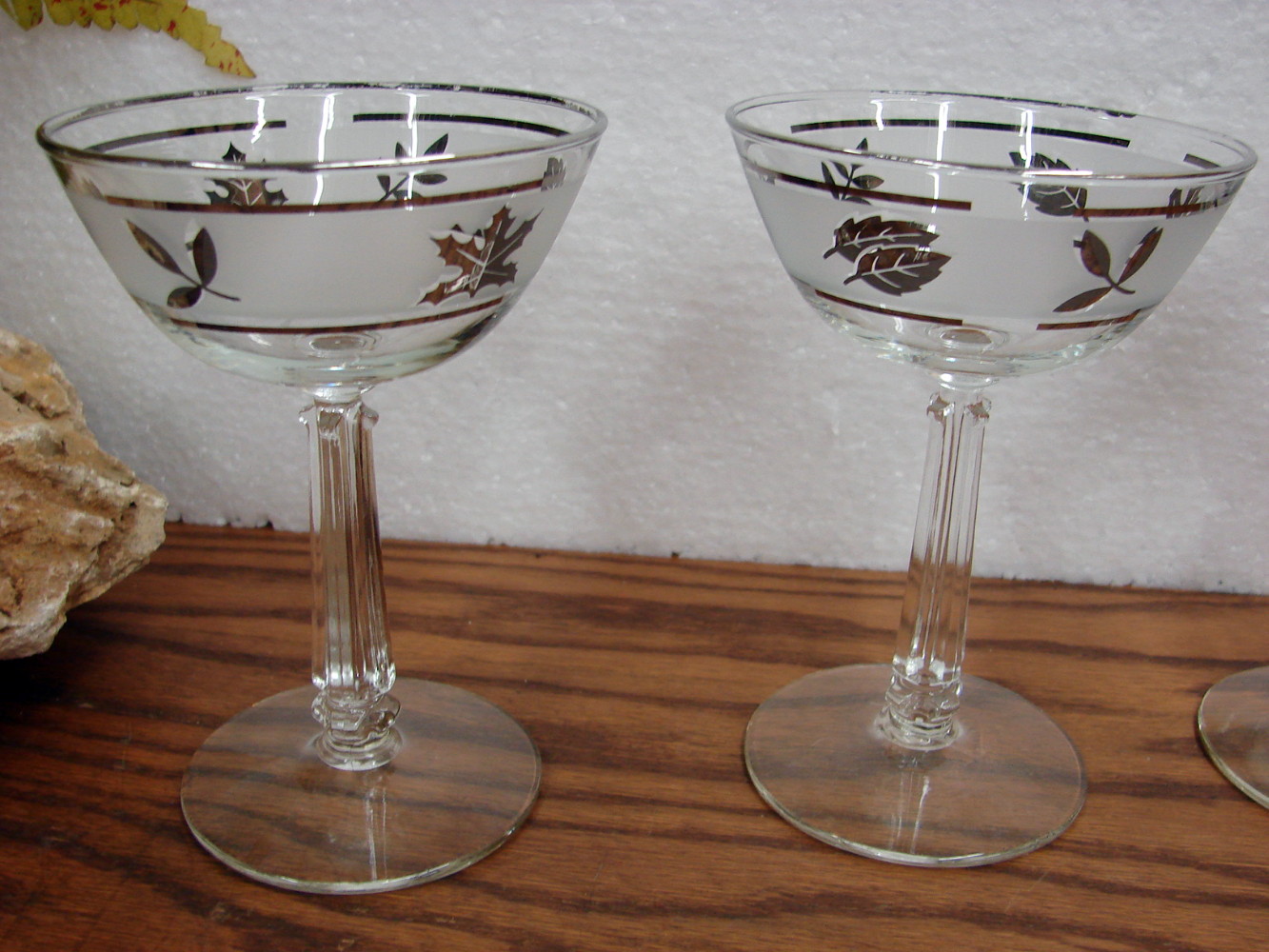 Set/9 Tall Sherbert Champaign MCM Vintage Libbey Silver Leaf Frosted Barware Foliage