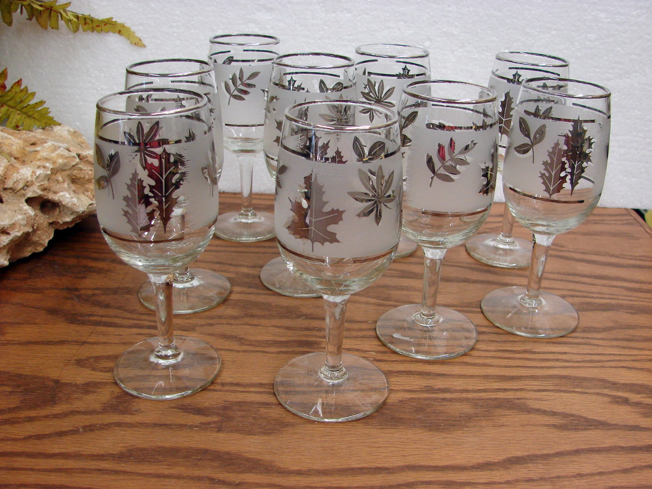 Set/9 Tulip Wine Glass MCM Vintage Libbey Silver Leaf Frosted Barware Foliage - Image 2