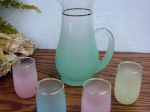 Vintage MCM Blendo West VA Pitcher Juice Glass Set Gold Trim Pastels