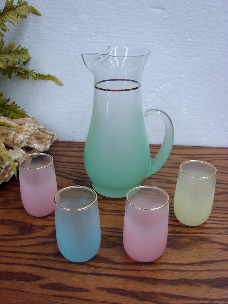 Vintage MCM Blendo West VA Pitcher Juice Glass Set Gold Trim Pastels, Moose-R-Us.Com Log Cabin Decor
