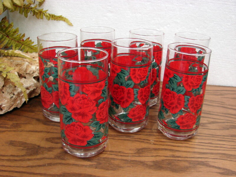 Vintage Red Roses Crisa Tumbler Drinking Glass Set/7 Mexico Glassware, Moose-R-Us.Com Log Cabin Decor