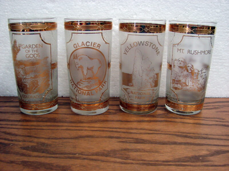 Vintage Culver Gold Souvenir National Parks 22kt Gold Marked Set/4, Moose-R-Us.Com Antiques Collectibles Log Cabin Decor